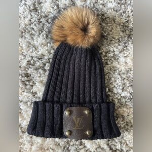 Louis Vuitton Black and Brown Knit Hat with Pom Pom from Vintage Boho Ba…